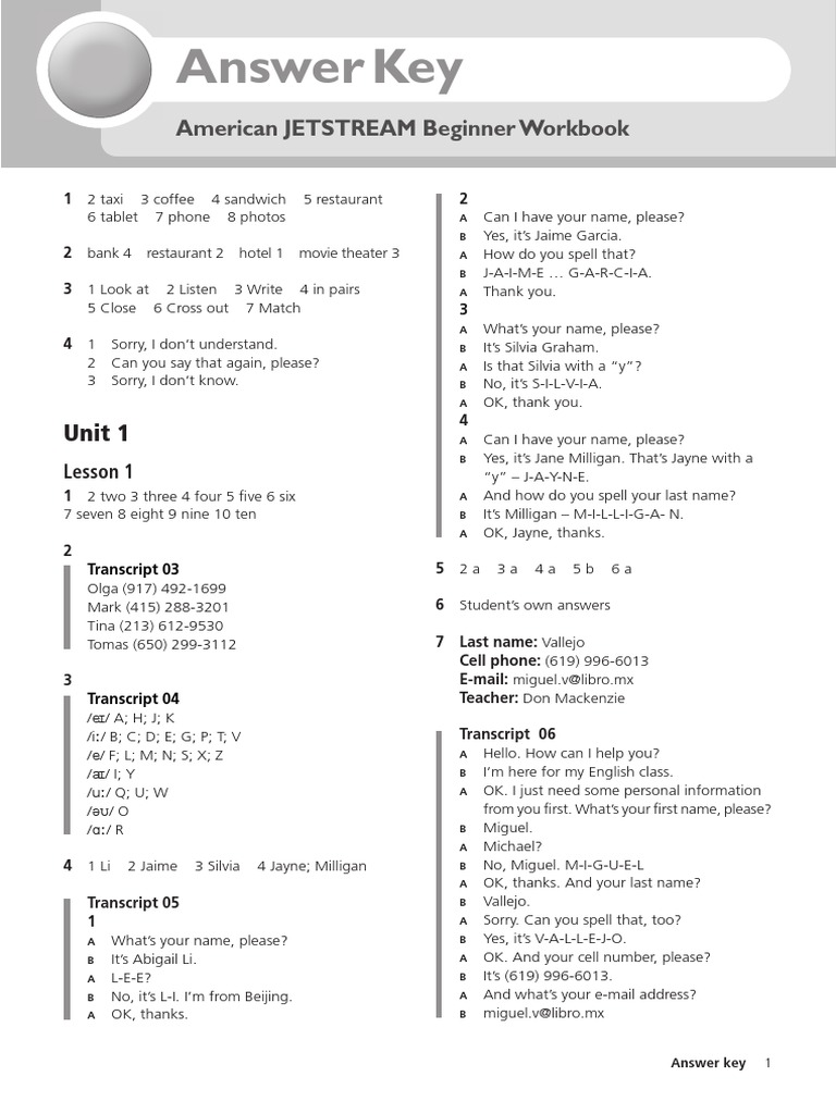 Unit 1 Lesson A Answer Key | PDF | Drink