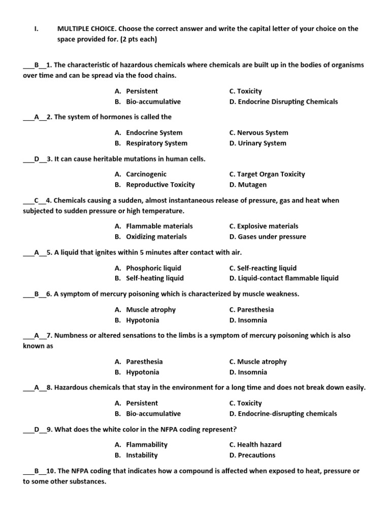 Understanding Hazardous Chemicals Multiple Choice Questions and NFPA