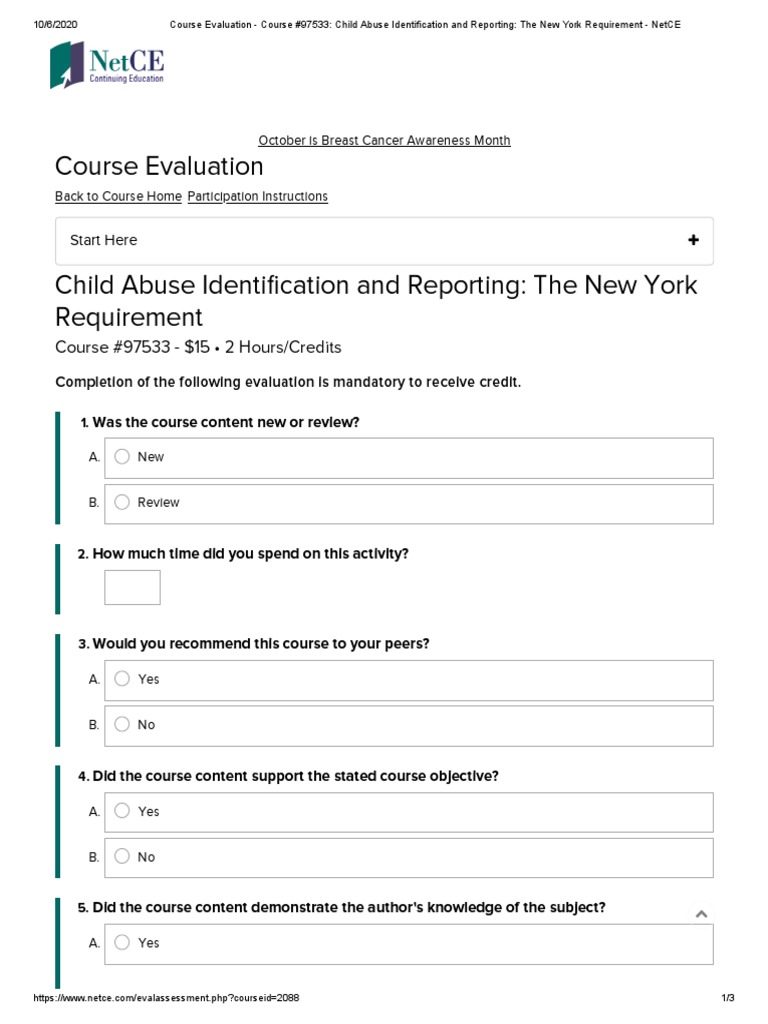 Course Evaluation Course 97533 Child Abuse Identification and