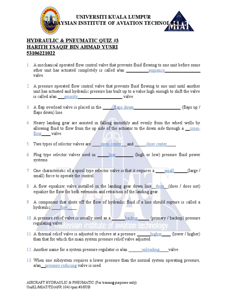 (Hydraulic Pneumatic) Quiz 3 Harith PDF Valve Actuator