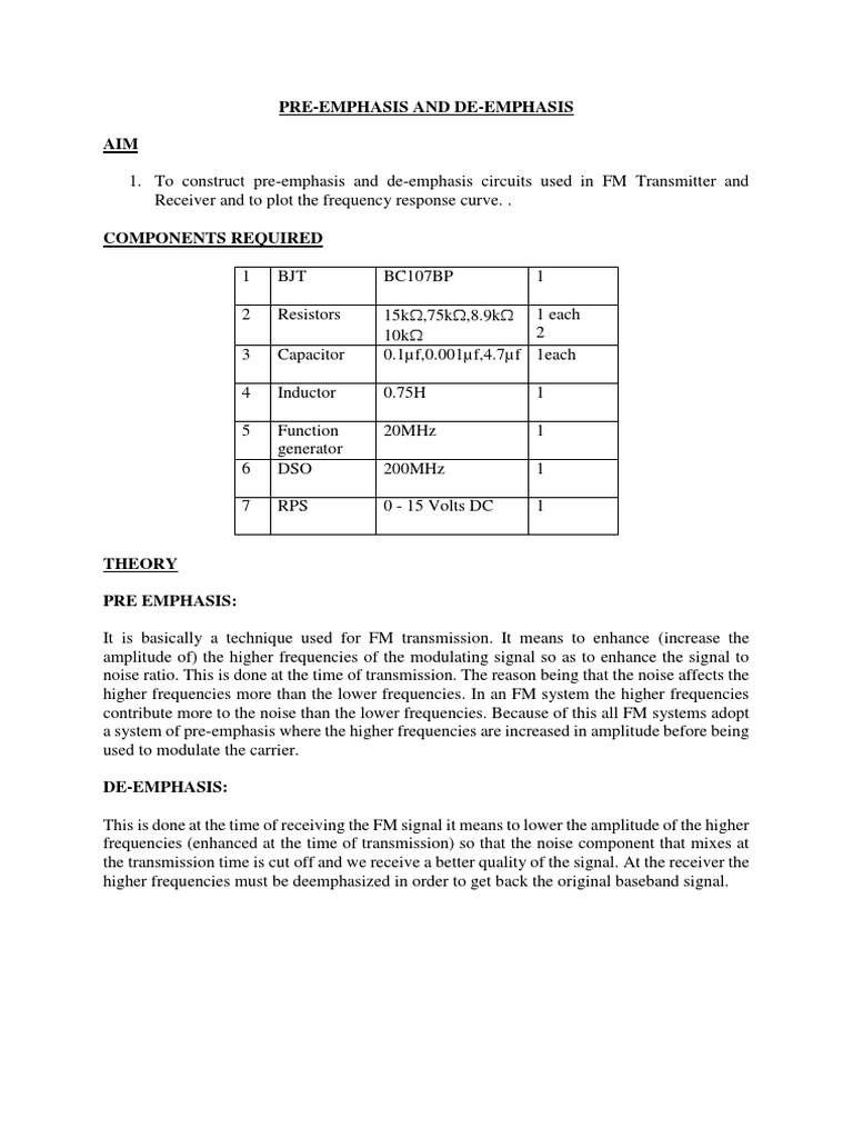 Pre-Emphasis and De-Emphasis AIM | PDF | Frequency Modulation | Signal ...