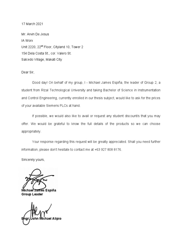 Request Letter for PLC Availability PDF