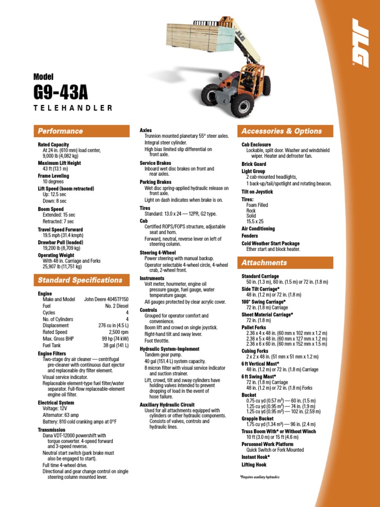 JLG G9-43A Telehandler Specifications | PDF | Truck | Automotive Industry