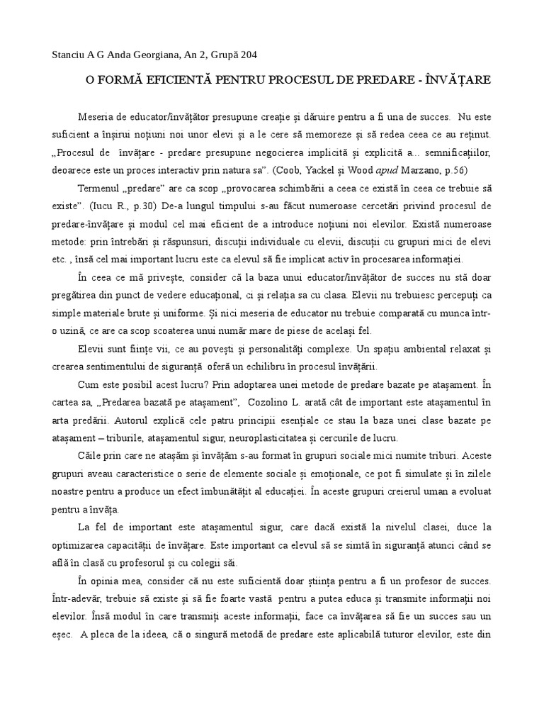 O Formă Eficientă Pentru Procesul de Predare - Învățare | PDF