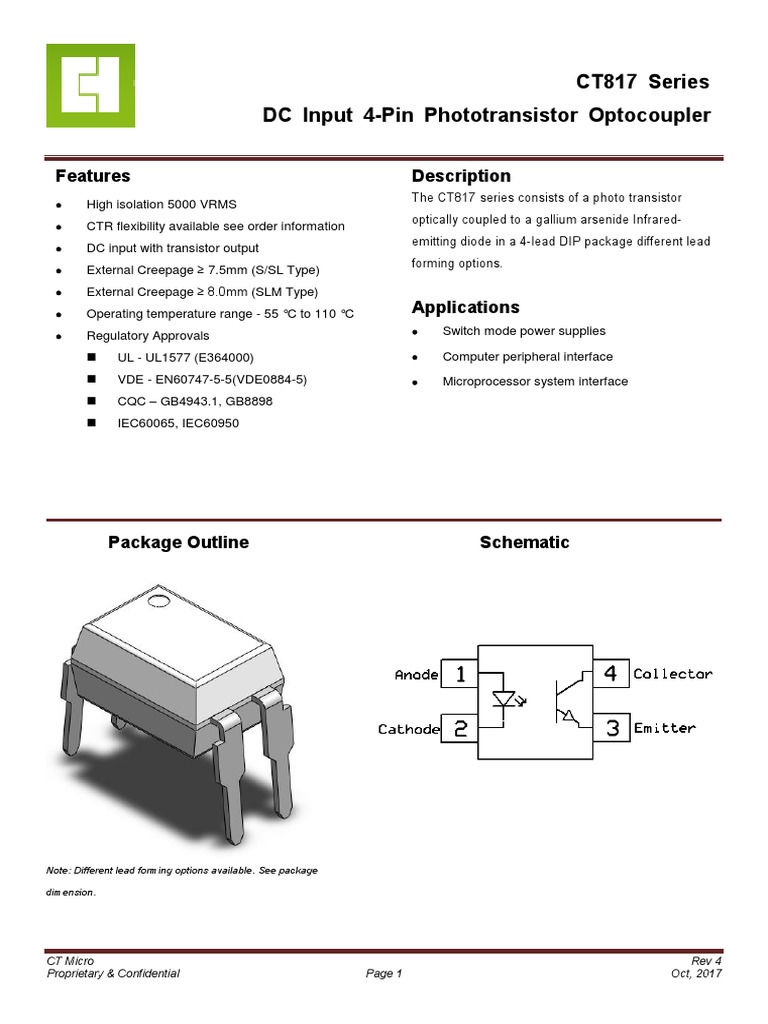 CT817 Series DC Input 4Pin Phototransistor Optocoupler PDF