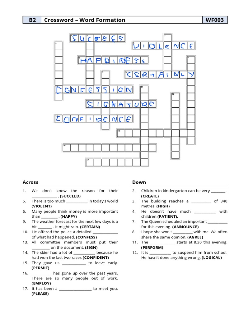 B2 Crossword Word Formation WF003 Across Down PDF