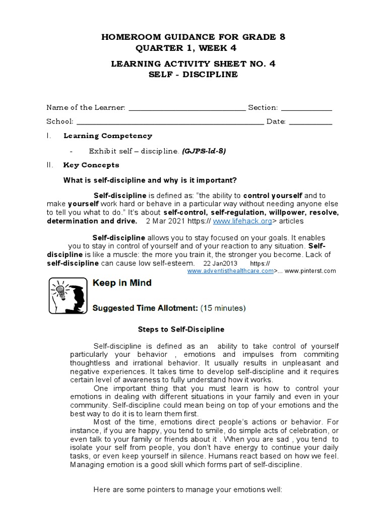 Homeroom Guidance For Grade 8 Quarter 1, Week 4 Learning Activity Sheet ...