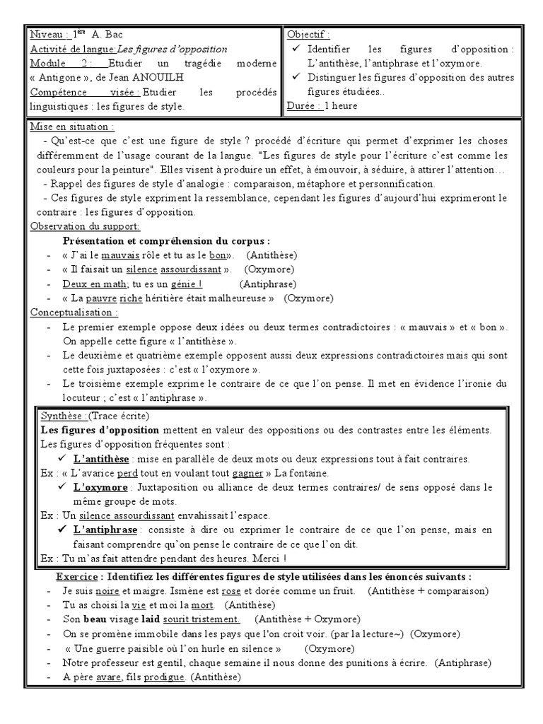 Les Figures De Style Exercices Corrigés 4ème Figure D'opposition Antigone | PDF | Techniques de rhétorique | Mécanismes  de la poésie