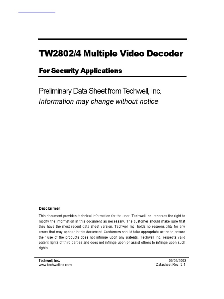 TW2802/4 Multiple Video Decoder: Preliminary Data Sheet From Techwell ...