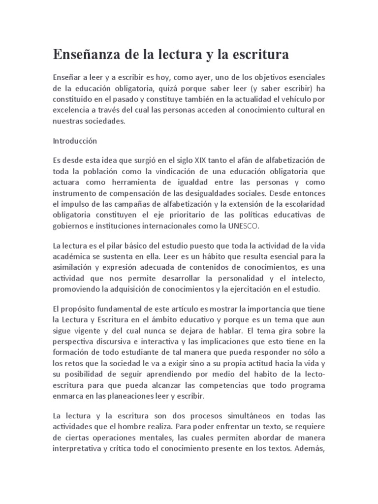 Importancia de Lectura y Escritura en Educación | PDF | Aprendizaje ...
