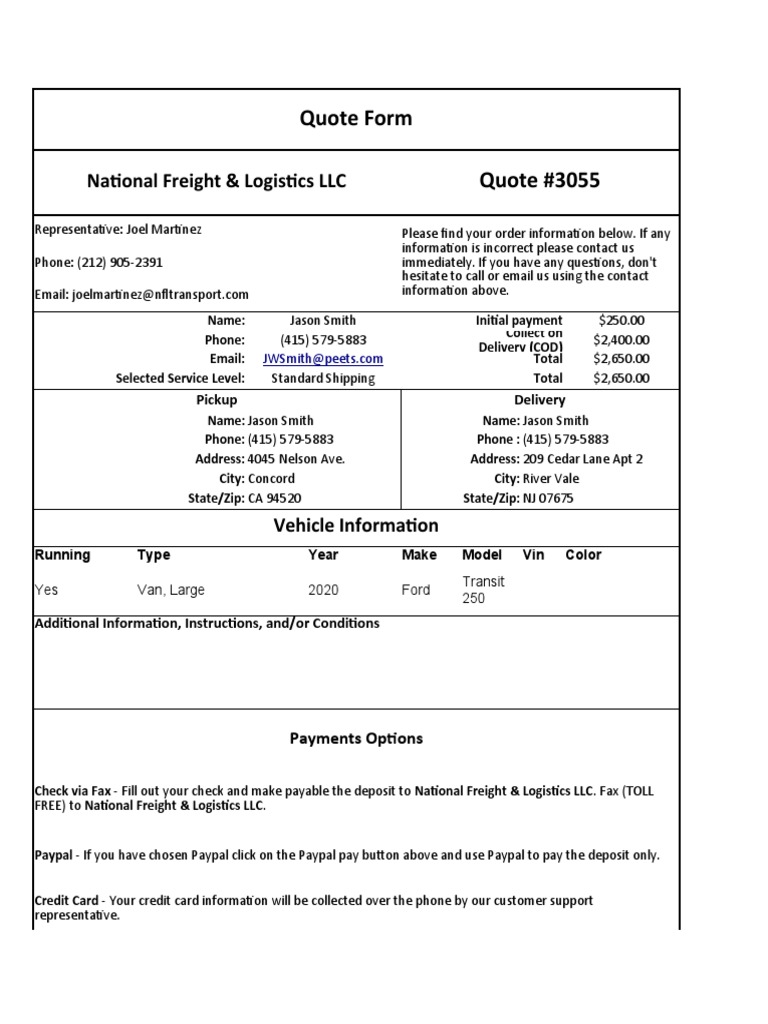 Standard Shipping Quote and Terms of Service for Transporting a Vehicle from Concord, California