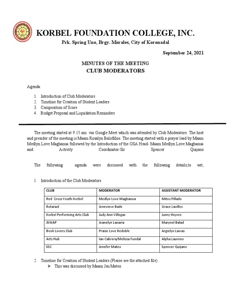 Minutes of Club Moderators Meeting | PDF | Career & Growth