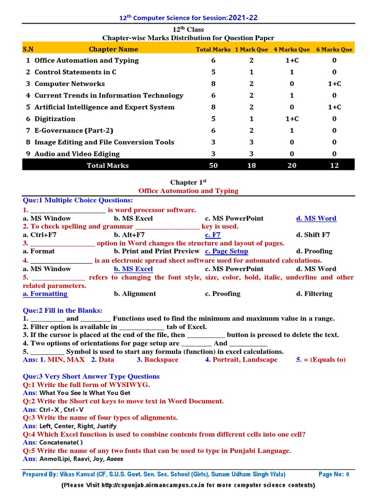 12th CS-Eng Imp Que | PDF | Computer Network | Artificial Intelligence
