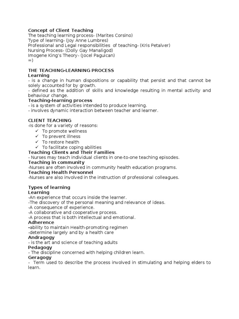 Concept of Client Teaching | PDF | Nursing | Learning