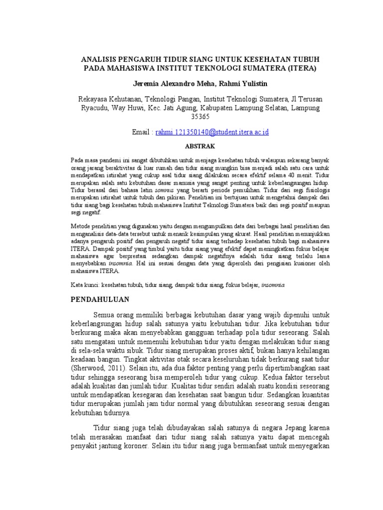 Analisis Pengaruh Tidur Siang Untuk Kesehatan Tubuh Bagi Mahasiswa Tpb