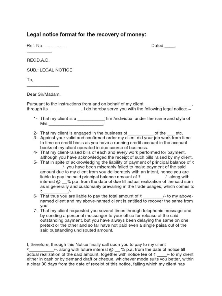 Legal Notice Format For The Recovery of Money | PDF | Legal 