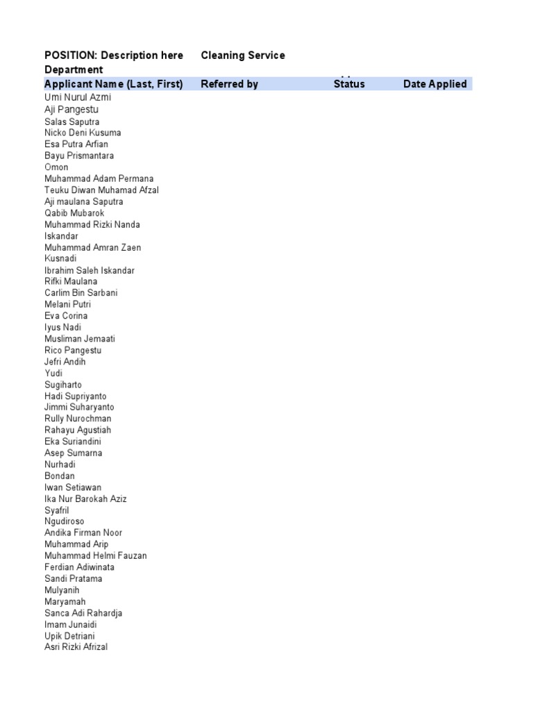 POSITION Description Here Cleaning Service Department Applicant Name