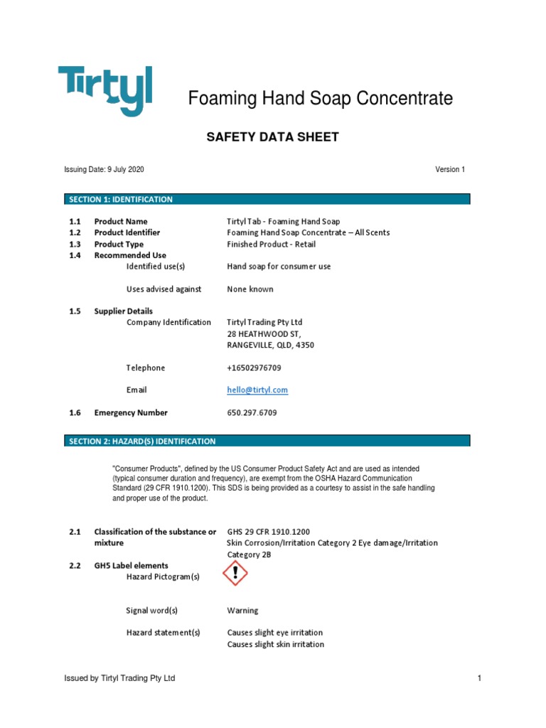 Tirtyl Foaming Hand Soap Concentrate SDS PDF