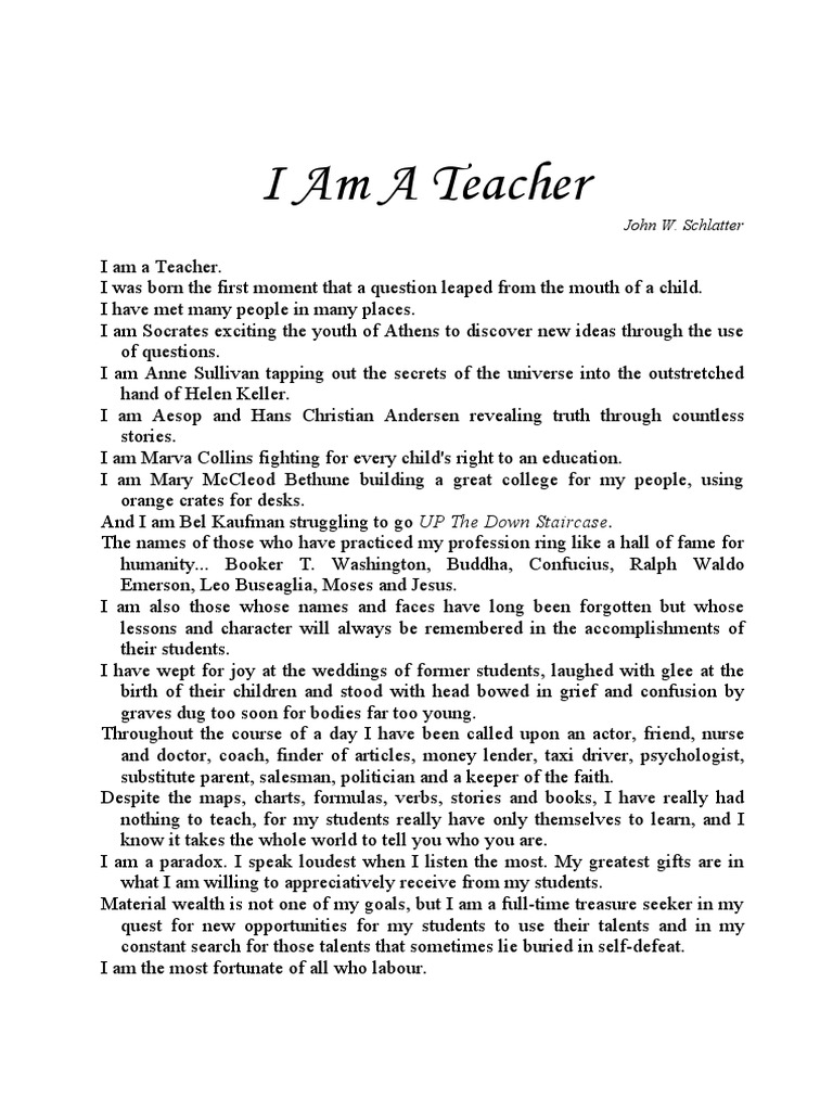 I Am A Teacher John W Schlatter Pdf