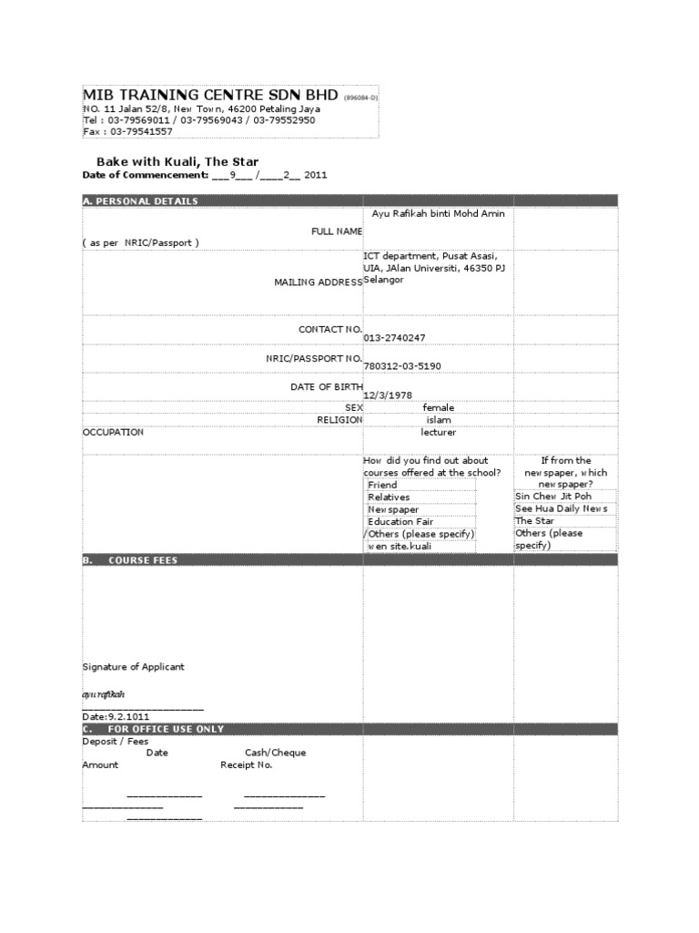 MIB Training Centre Course Application | PDF