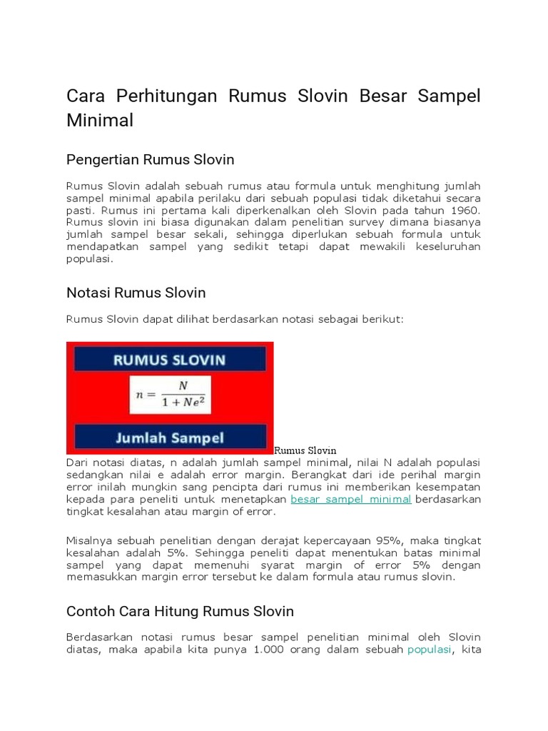 Cara Perhitungan Rumus Slovin Besar Sampel Minimal | PDF