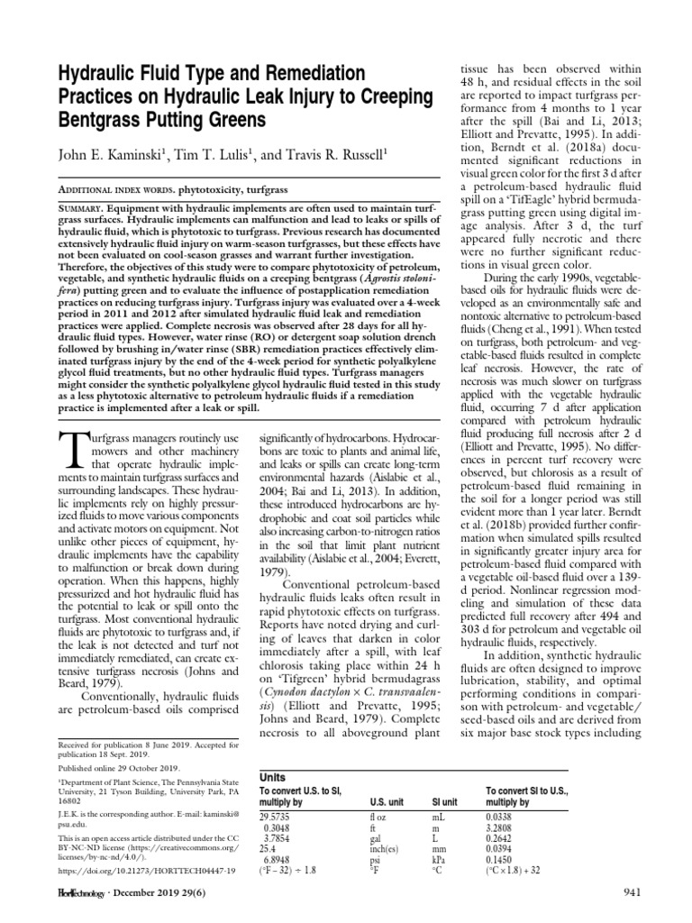 (19437714 HortTechnology) Hydraulic Fluid Type and Remediation