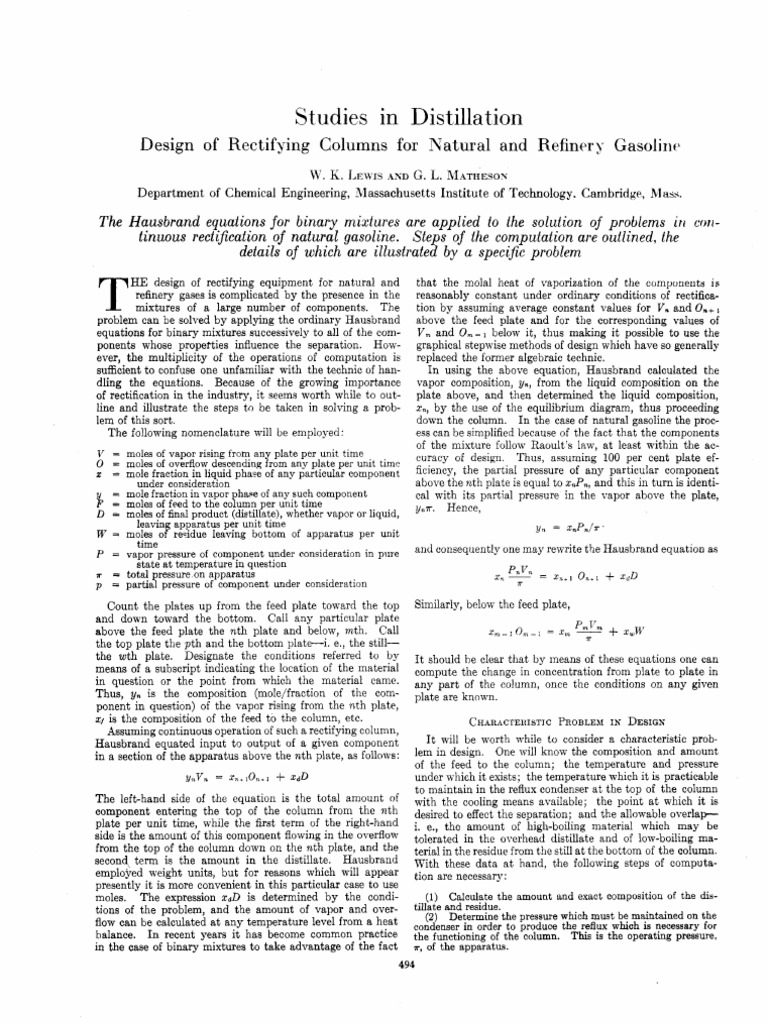 Lewis Matheson | PDF | Distillation | Chemical Process Engineering