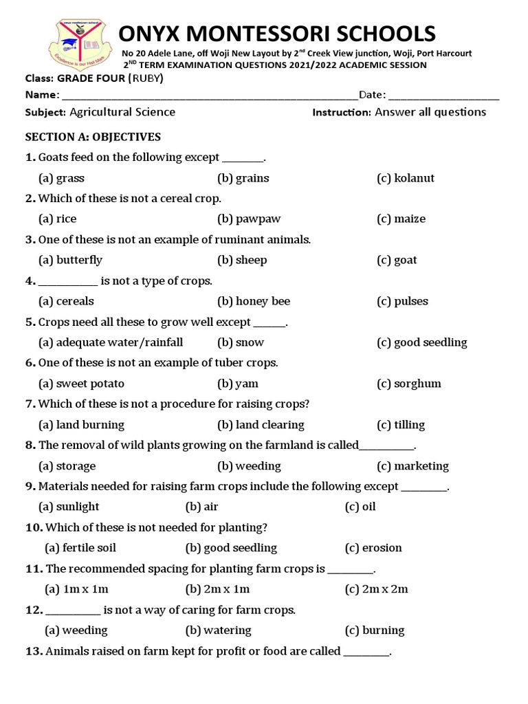 Grade Four Agricultural Science Exam for Ruby Class Focuses on