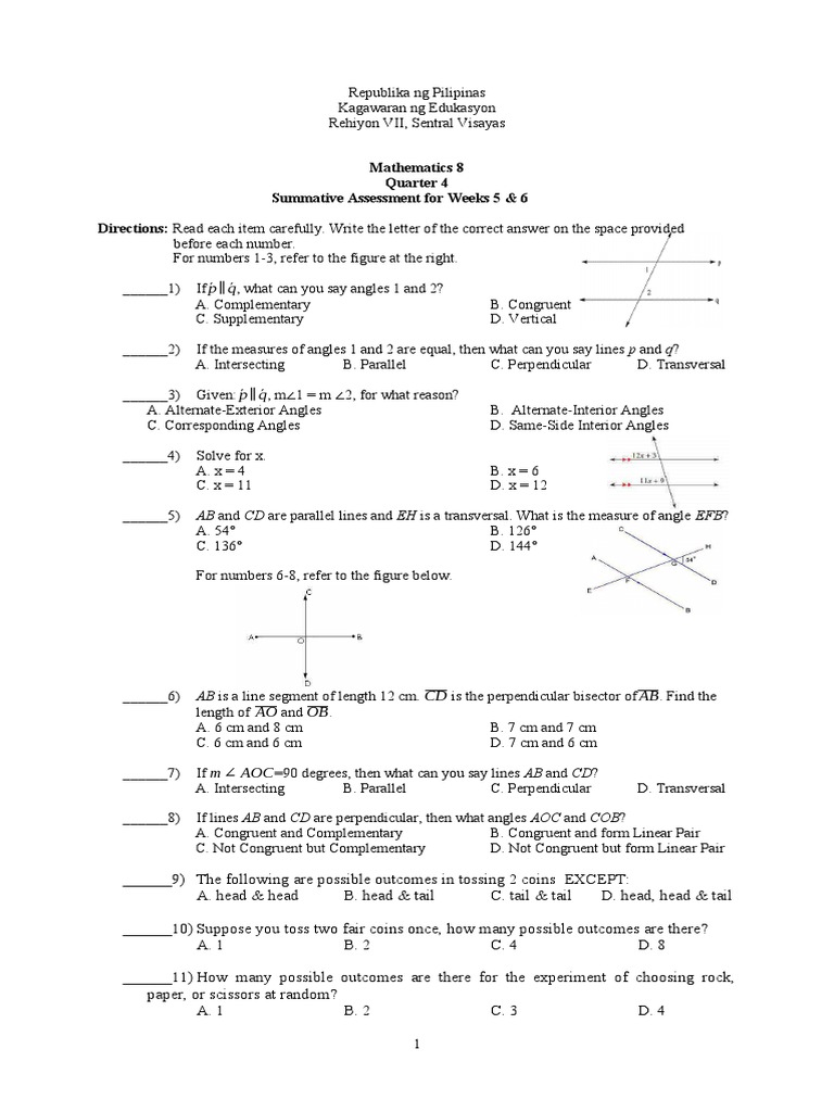 Grade 8 Mathematics Quarter 4 Assessment | PDF | Perpendicular | Angle