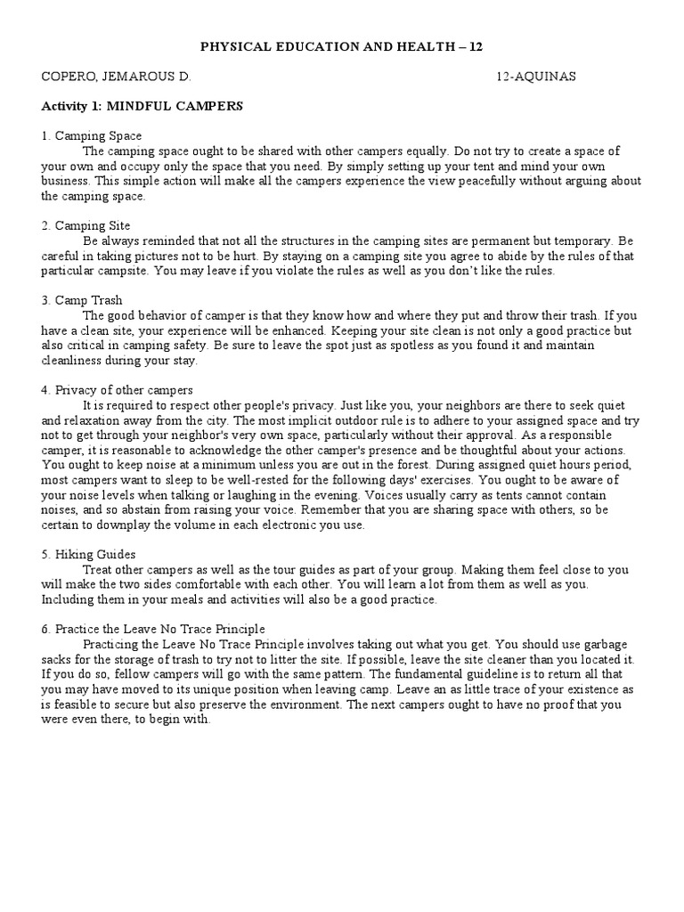 Physical Education and Health - 12 | PDF | Camping | Campsite