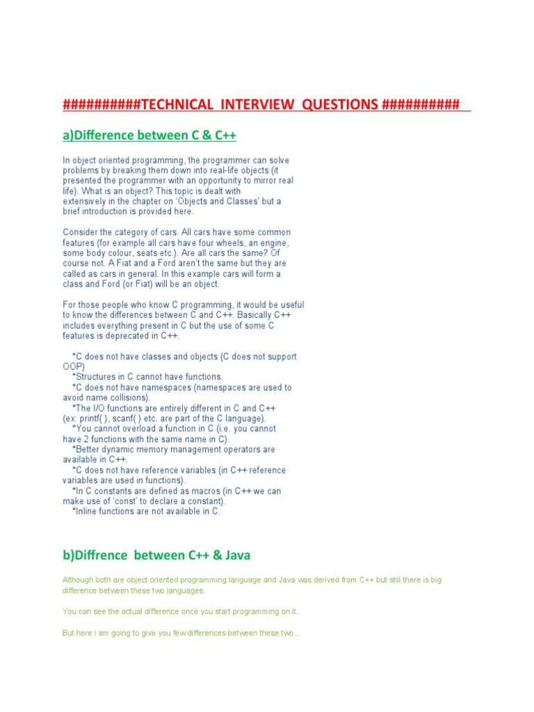 #TECHNICAL INTERVIEW QUESTIONS ##########: A) Difference Between C ...