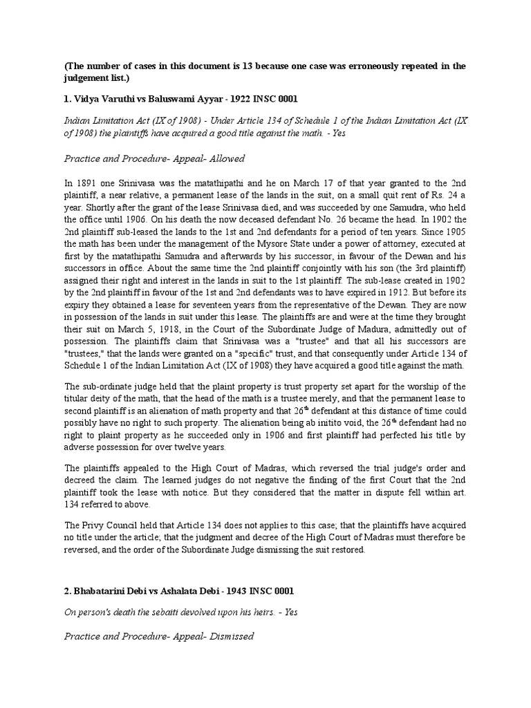Indian Legal Cases on Trusts and Property | PDF | Lawsuit | Supreme ...