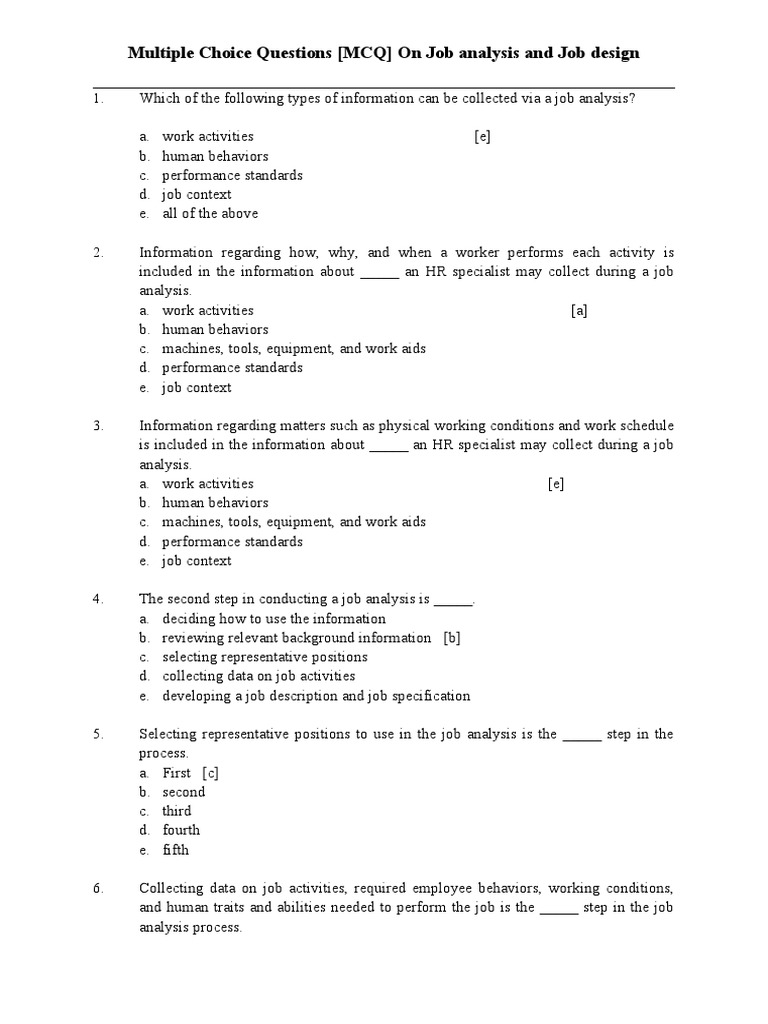 Multiple Choice Questions On Job Design and Job Analysis | PDF ...
