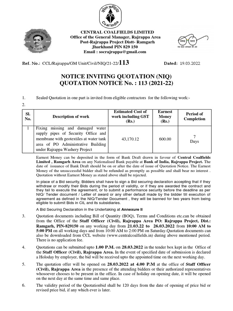 Notice Inviting Quotation (Niq) QUOTATION NOTICE No. 113 (202122) PDF