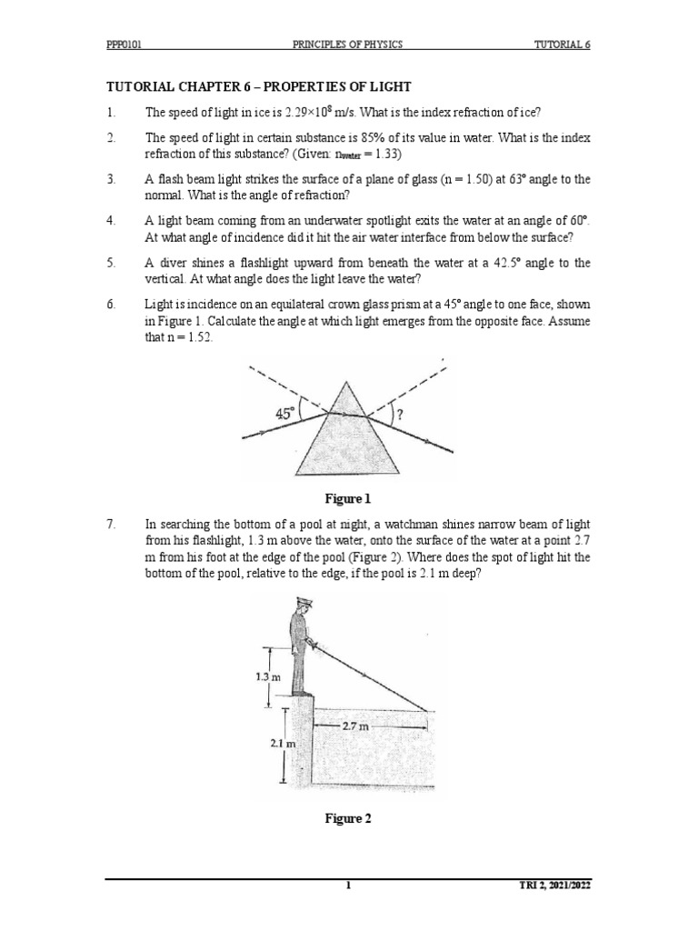 PPP0101 Principles of Physics Tutorial 6 | PDF | Refraction | Light