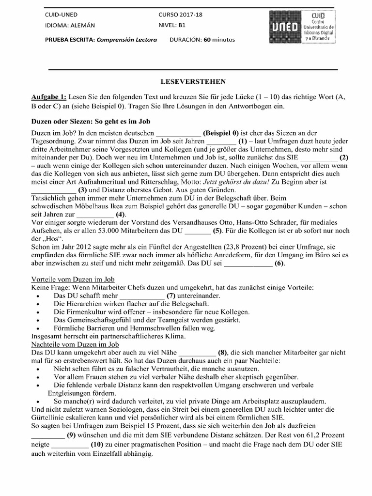 Examen Alemán b1 - Cuid - 201718 | PDF