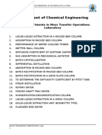 Department of Chemical Engineering: List of Experiments in Mass Transfer Operations Laboratory