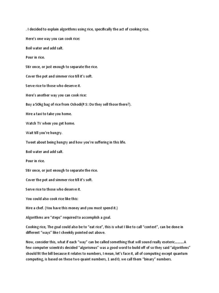 Algorithm of Cooking Rice | PDF