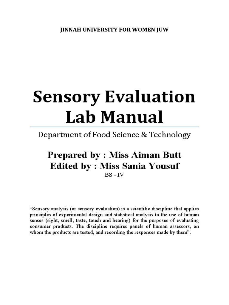 Sensory Evaluation Lab Manual for BS IV | PDF | Senses | Taste