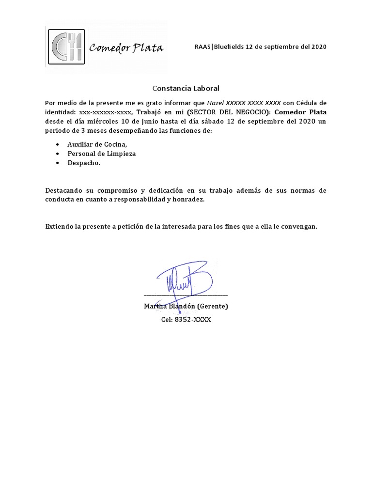 Constancia/Carta Laboral Ejemplo PDF
