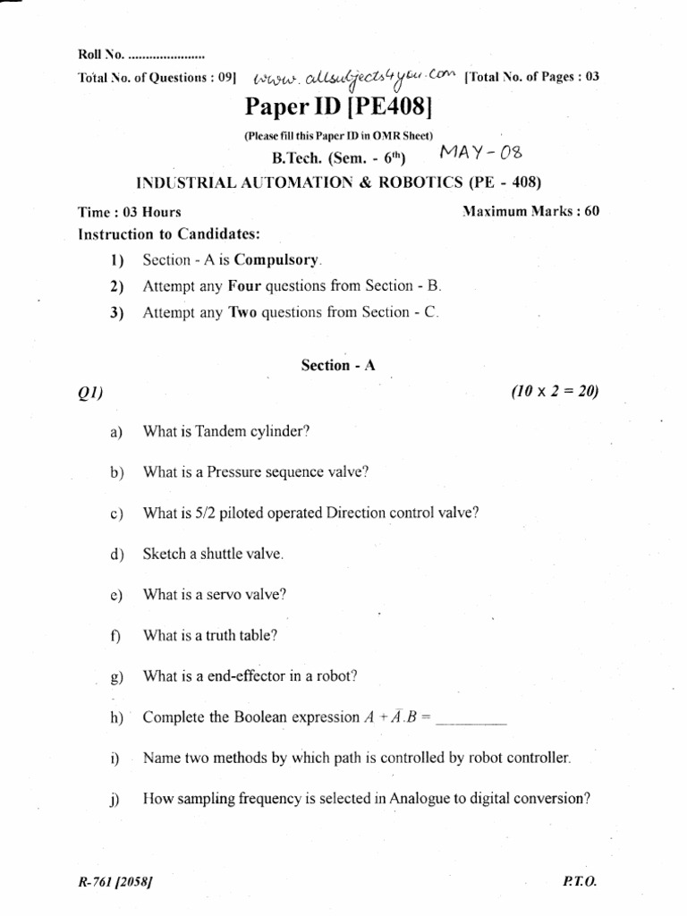 Industrial Automation Exam Paper | PDF