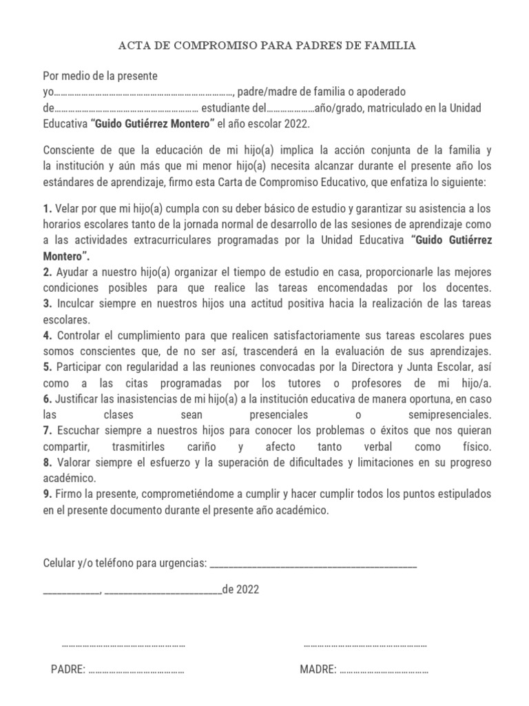 Acta de Compromiso para Padres de Familia | PDF | Cognición | Aprendizaje