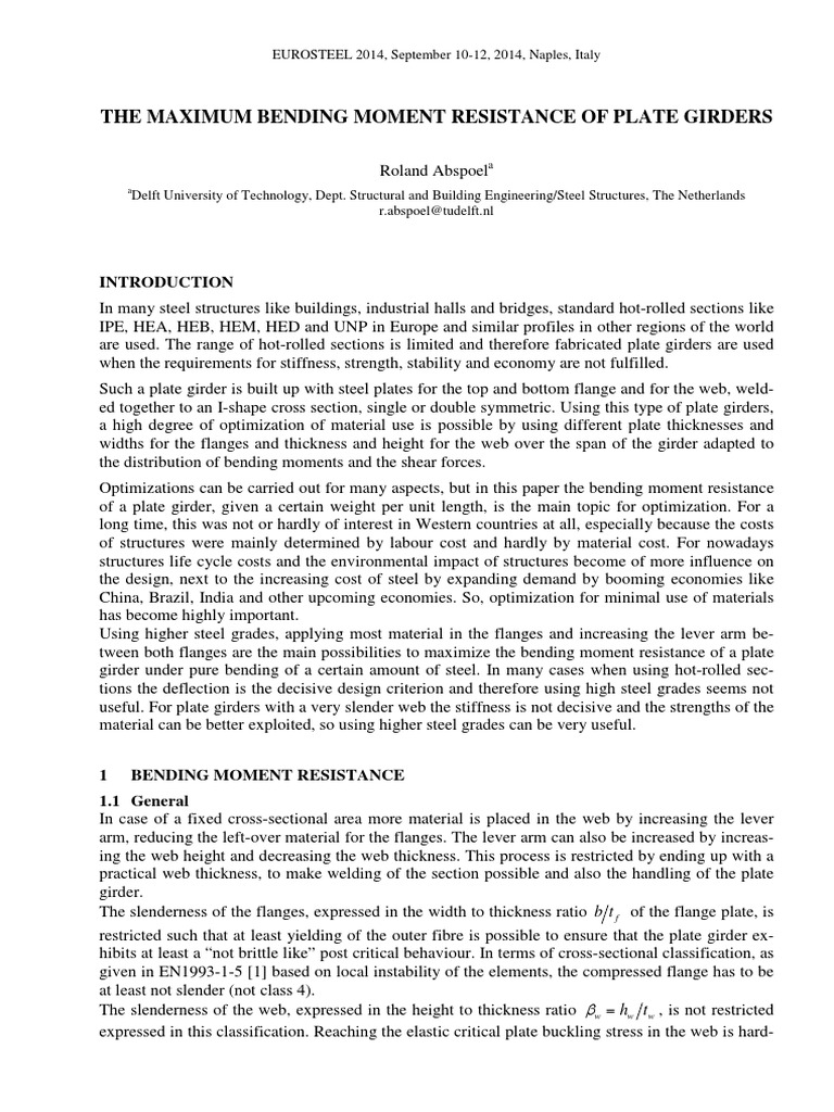 The Maximum Bending Moment Resistance of Plate Girders | PDF | Bending ...