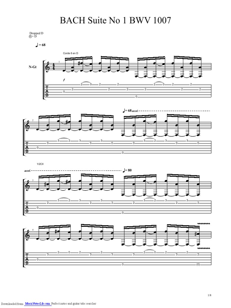Bach Suite No. 1 BWV 1007 Guitar Tabs | PDF | Choral Music | Church Music