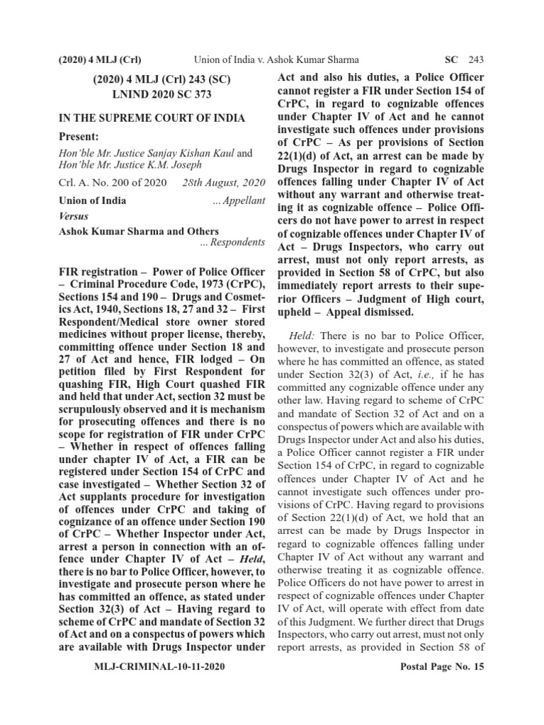 Union of India Versus Ashok Kumar Sharma and Others (2020) 4 MLJ (CRL