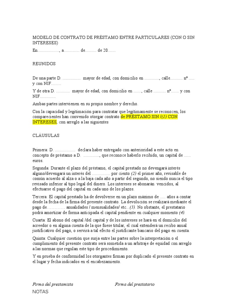 Ejemplo De Contrato De Prestamo Entre Particulares