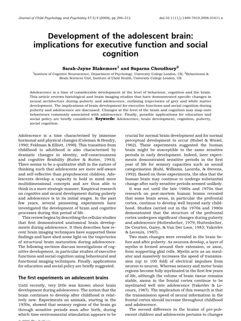 Development of The Adolescent Brain: Implications For Executive ...