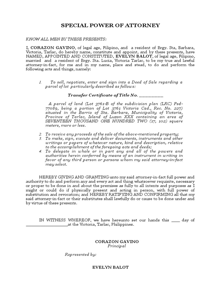 Special Power of Attorney: Transfer Certificate of Title No. | PDF ...