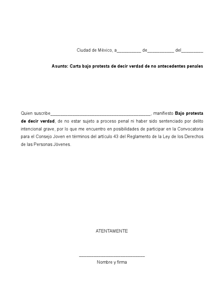 Carta Bajo Protesta de Decir Verdad de No Antecedentes Penales | PDF