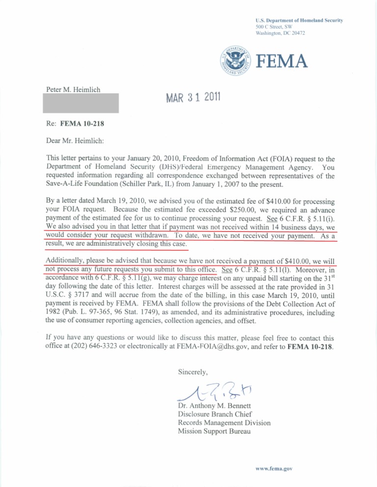 3 31 11 Letter From FEMA Refusing To Fill My FOIA Request Freedom Of 